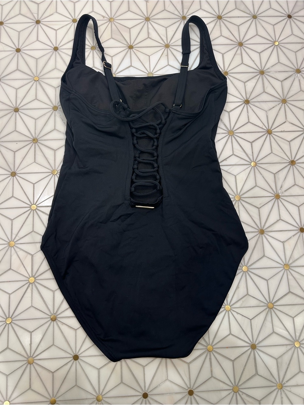 Michael Kors Black Lace-Up One-Piece Swimsuit with Gold Accent - Women's Size 10